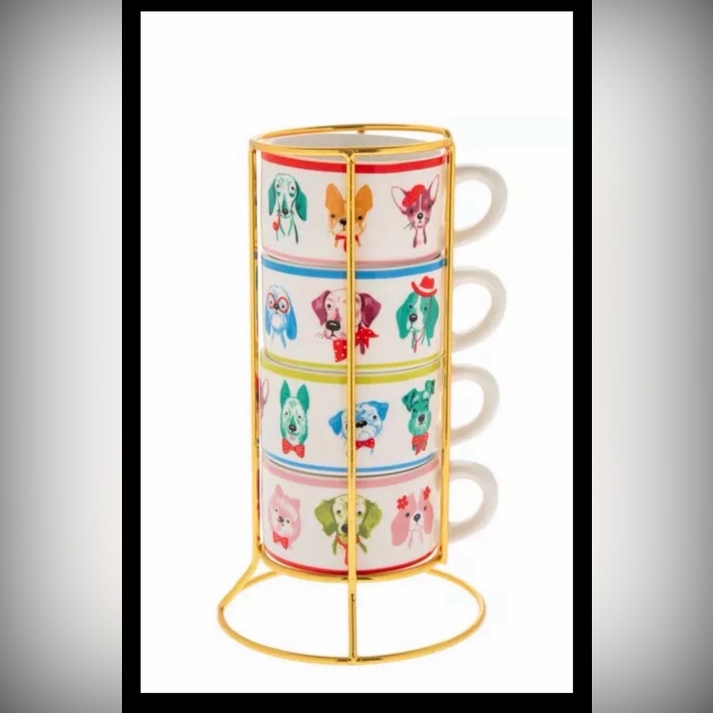 Colorful Dogs Stacking Mug Set 4 Mugs & Holder Dogs Wearing Bows & Ties Adorable
